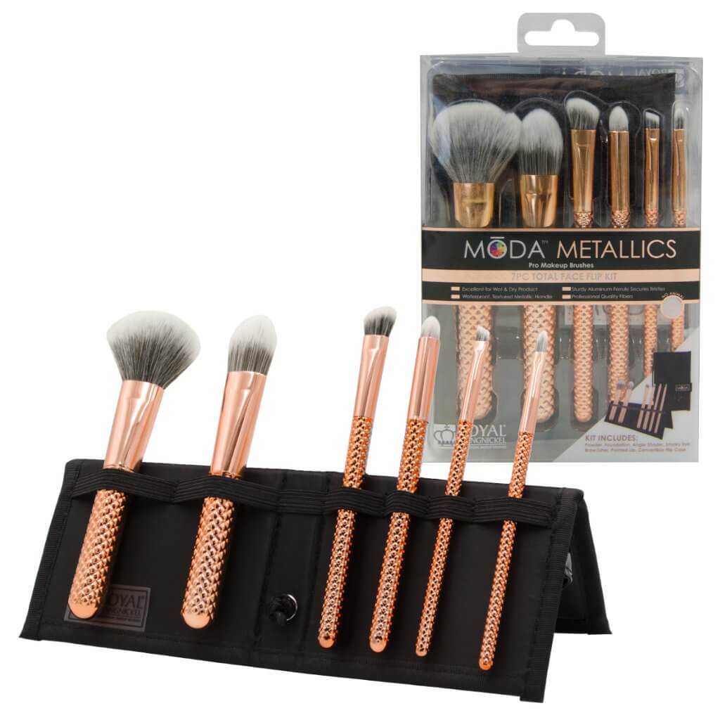 MODA Makeup Brushes Metallics Rose Gold Total Face Kit 6 pcs. แปรงคอปเปอร์ 6 ด้าม พร้อมกระเป๋าเก็บแปรง ให้คุณแต่งหน้าสวยกริ๊บแบบมืออาชีพ